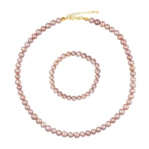 ZELDA GOLD Komplet biżuterii naszyjnik bransoletka różowe naturalne perły 3w1 regulowany