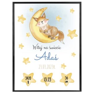 Plakat Metryczka / Księżyc i Gwiazdki / Prezent na Baby Shower / Plakat na narodziny dziecka / plexi