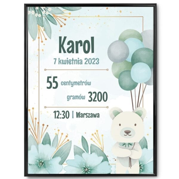 Plakat Metryczka / Prezent na Baby Shower Personalizowany / Prezent na narodziny dziecka Chłopiec / plexi