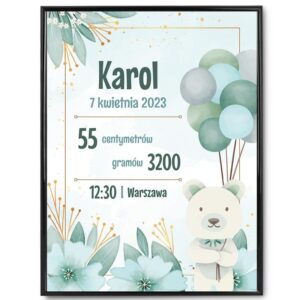 Plakat Metryczka / Prezent na Baby Shower Personalizowany / Prezent na narodziny dziecka Chłopiec / szkło