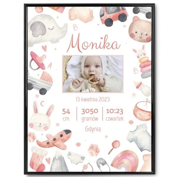 Plakat Metryczka / Prezent na Baby Shower dla dziewczynki / Plakat na narodziny dziecka / plexi