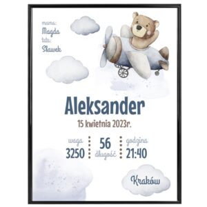 Plakat Metryczka / Prezent na Narodziny dla Chłopca / Miś / Prezent na Baby Shower / plexi