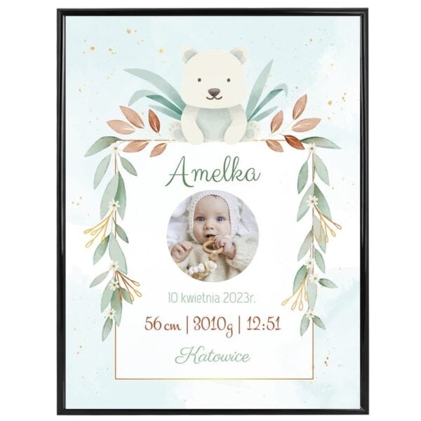 Plakat Metryczka ze zdjęciem / Prezent na Narodziny / Miś / Prezent na Baby Shower dla Dziewczynki / plexi