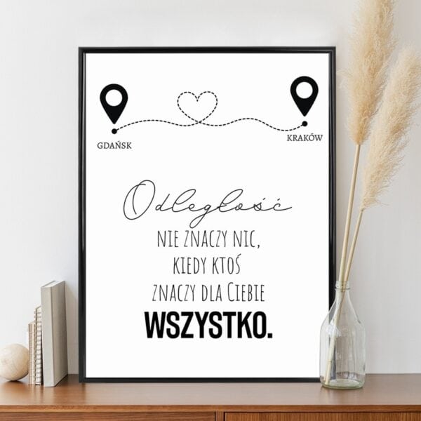 Plakat dla chłopaka dziewczyny / Miłość na odległość / Prezent na walentynki urodziny Dzień Chłopaka / 30x40 cm / szkło