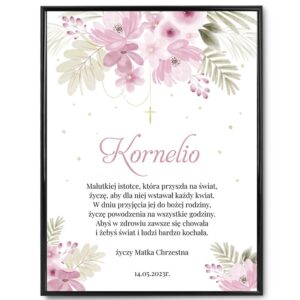 Plakat na Chrzest dla Dziewczynki / Personalizowany / Pamiątka Chrztu z dedykacją / Ramka z plexi / Różowe kwiatki