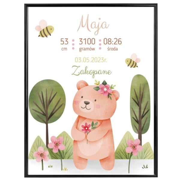 Plakat na Narodziny Dziecka / Metryczka / Prezent na Baby Shower / Personalizacja / Miś / Plexi