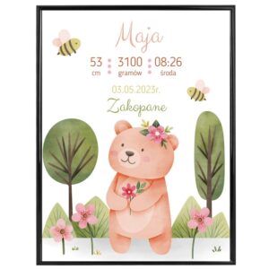 Plakat na Narodziny Dziecka / Metryczka / Prezent na Baby Shower / Personalizacja / Miś / Szkło