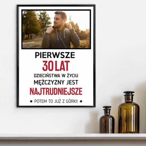 Plakat na urodziny ze zdjęciem / Dzieciństwo / Prezent na urodziny dla niego / 30x40 cm / szkło