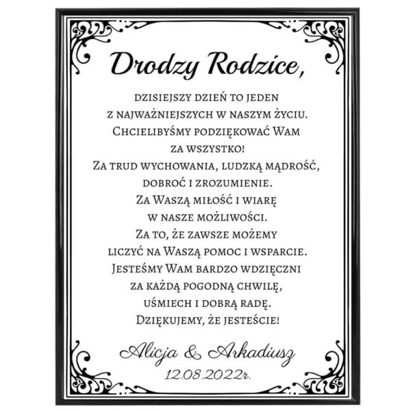 Plakat w ramce / Podziękowania dla rodziców / Elegancki prezent / Czarna ramka 30x40 / Szkło / Plakat podziękowanie