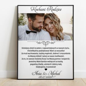 Plakat w ramce / Podziękowania dla rodziców / Zdjęcie pary młodej / Czarna ramka 30x40 / Szkło / Plakat podziękowanie