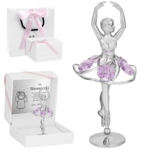 Posrebrzana figurka baletnicy / Różowe kryształy / Prezent dla dziewczynki / Pamiątka na chrzest z dedykacją