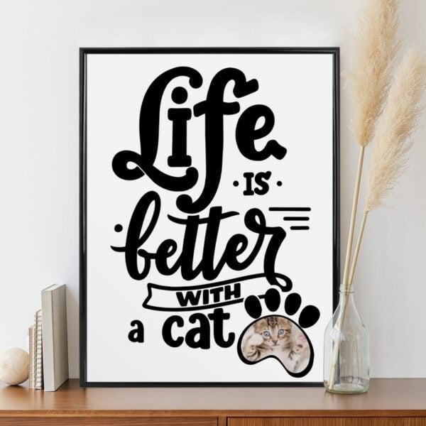 Prezent dla kociary kociarzy plakat pupila z jego zdjęciem / Life is better with a cat / 30x40 cm / szkło