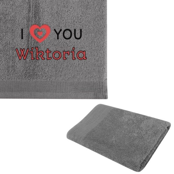 Ręcznik kąpielowy z haftem na Walentynki / I love You... Aqua frotte / 50x100