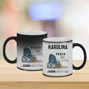 Śmieszny kubek na kawę / Praca nie ucieknie / 330 ml / Prezent dla współpracownika kolegi / Magiczny kubek / Błyszczący