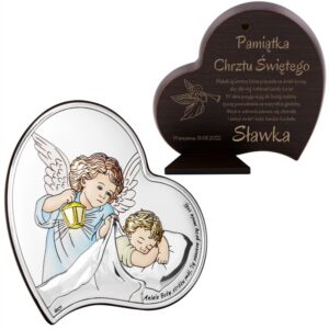 Srebrny obrazek na chrzest / Serce / Anioł czuwający przy dziecku