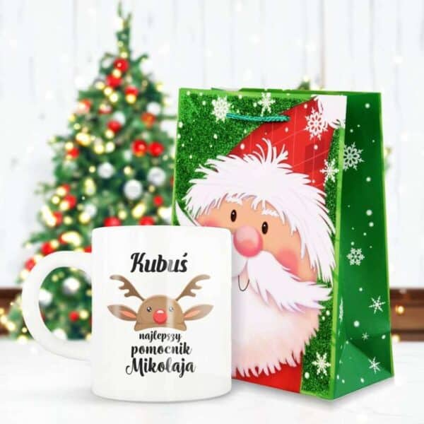 Świąteczny zestaw / Kubek + torebka prezentowa / Zestaw świąteczny dla Dzieci / Prezent dla Dziecka / Kubek z imieniem