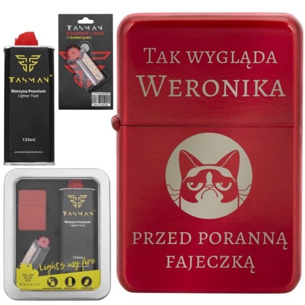 Zapalniczka benzynowa TASMAN - Czerwony Metal Grawer / metalowe pudełko prezentowe / benzyna / knot / kamienie