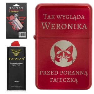 Zapalniczka benzynowa TASMAN - Czerwony Metal Grawer/benzyna / knot / kamienie