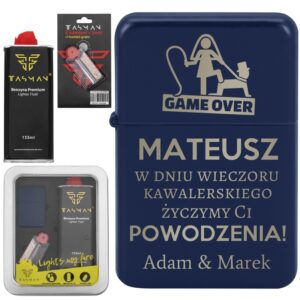 Zapalniczka benzynowa TASMAN - Granatowy Mat Grawer / metalowe pudełko prezentowe / benzyna / knot / kamienie