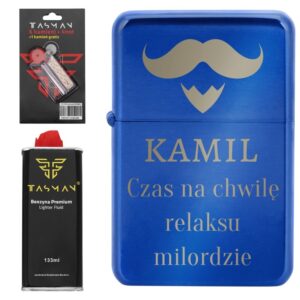 Zapalniczka benzynowa TASMAN - Niebieski Metal Grawer / benzyna / knot / kamienie