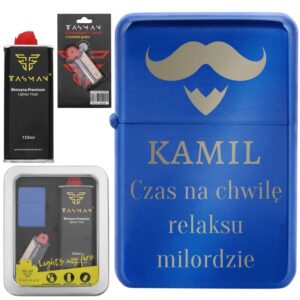 Zapalniczka benzynowa TASMAN - Niebieski Metal Grawer / metalowe pudełko prezentowe / benzyna / knot / kamienie