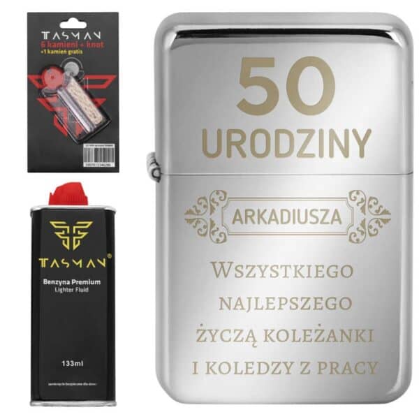 Zapalniczka benzynowa TASMAN - Srebrny Metal Połysk Grawer / benzyna / knot / kamienie