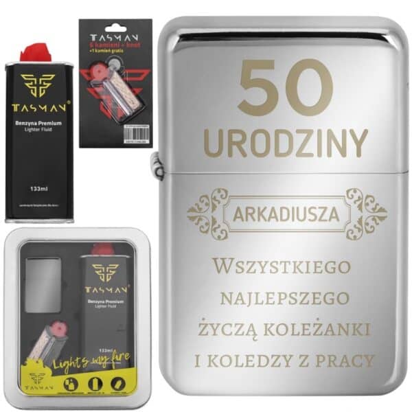 Zapalniczka benzynowa TASMAN - Srebrny Metal Połysk Grawer / metalowe pudełko prezentowe / benzyna / knot / kamienie