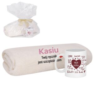 Zestaw na Walentynki / Kubek + Ręcznik kąpielowy 100x50 / Personalizacja / Prezent dla Niej / Nadruk Haft