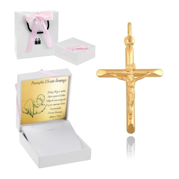 Złoty Krzyżyk / pr. 585 / Dedykacja / Pudełeczko + torebka / Prezent na Chrzest Komunię dla dziewczynki