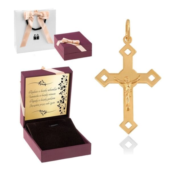 Złoty Krzyżyk z wizerunkiem Chrystusa / pr. 585 / Dedykacja / Pudełeczko + torebka / Prezent na Chrzest Komunię