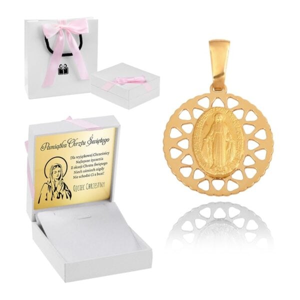 Złoty Medalik / pr. 585 / Dedykacja / Pudełeczko + torebka / Prezent na Chrzest Komunię dla dziewczynki
