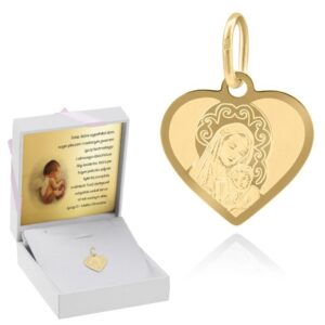 Złoty medalik serce Matka Boska z Dzieciątkiem p.585 z Dedykacją