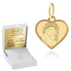 Złoty medalik serce Matka Boska z Dzieciątkiem p.585 z Dedykacją