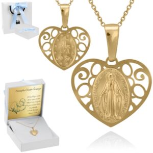 Złoty medalik w kształcie serca z łańcuszkiem pr.585 / Medalik z Matką Boską.