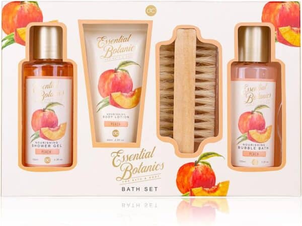 Zestaw do kąpieli Essential Botanics – FRUITS w pudełku prezentowym: Rozpieszczający prezent dla kobiet z letnim zapachem brzoskwinii