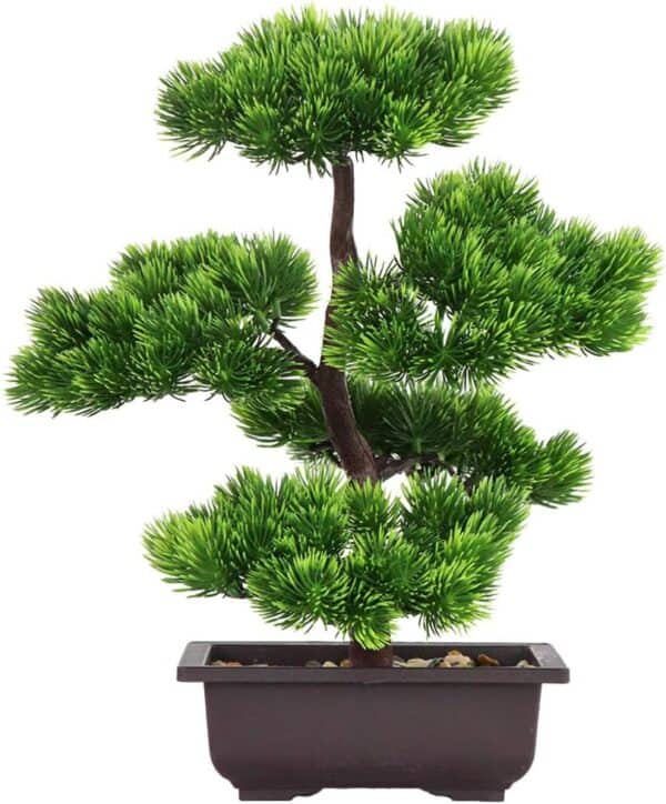 Aisamco Sztuczne drzewko bonsai - piękna dekoracja na biurko, japońska roślina sosnowa w doniczce, 33 cm wysokości