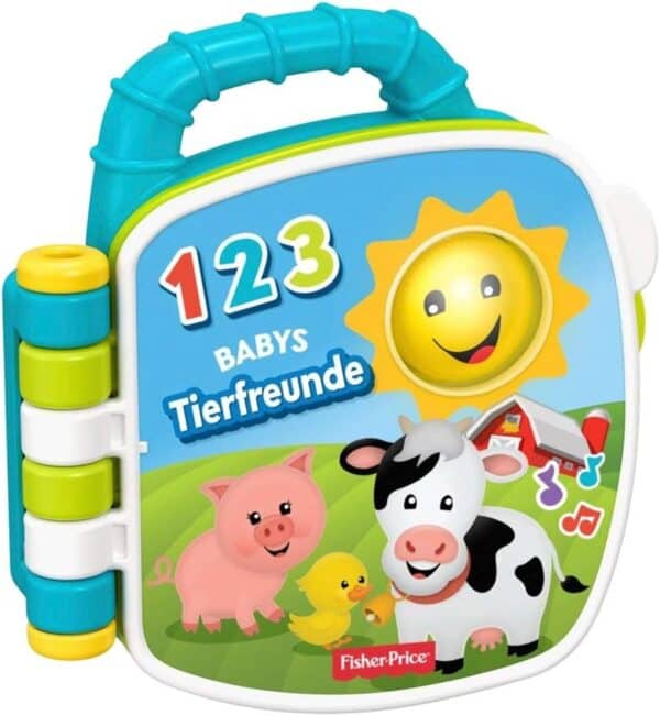 Fisher-Price GFP31 - „Ucz się i śmiej!” przenośna muzyczna książeczka dla niemowląt i małych dzieci w wieku 6–36 miesięcy - Zabawka, która bawi, uczy i towarzyszy w podróży!