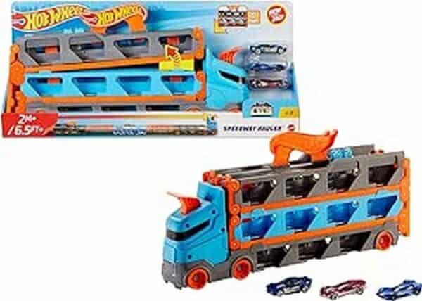 Hot Wheels GVG37 HW Speedway Hauler - Najlepszy kompletny pakiet Hot Wheels z 2 w 1 tor wyścigowy Transporterem!