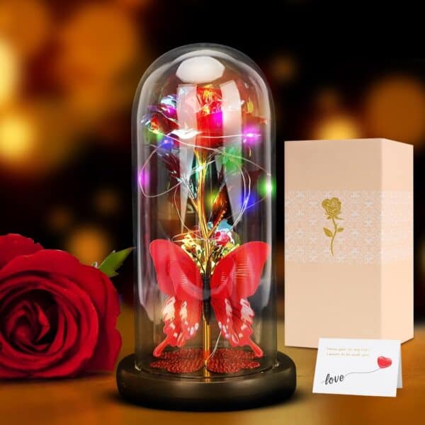 Yuragim Wieczna róża w szkle - romantyczny prezent dla niej, piękna i bestia róża z oświetleniem LED i kartką z życzeniami