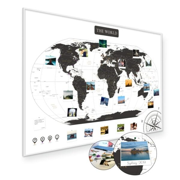 Biało czarna Mapa Świata na ścianę do oznaczania podróży 60x85cm - Rama aluminiowa biała