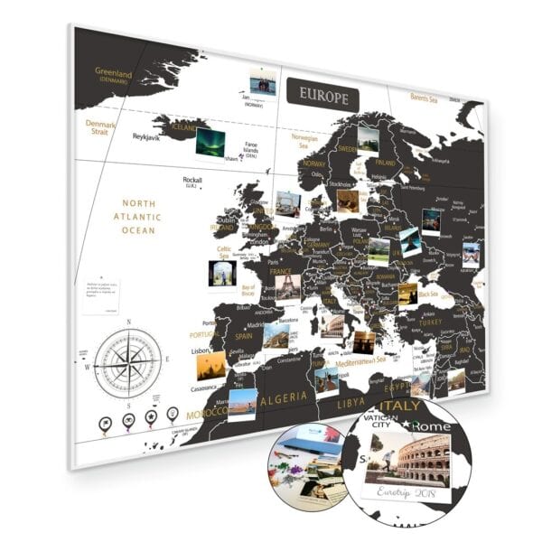 Biało czarna mapa Europy na ścianę do oznaczania podróży 60x85cm - Rama aluminiowa biała