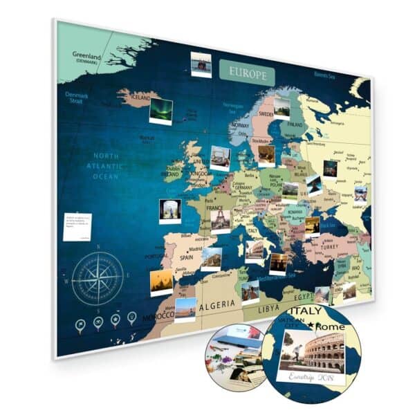 Niebieska mapa Europy na ścianę do oznaczania podróży 60x85cm - Rama aluminiowa biała