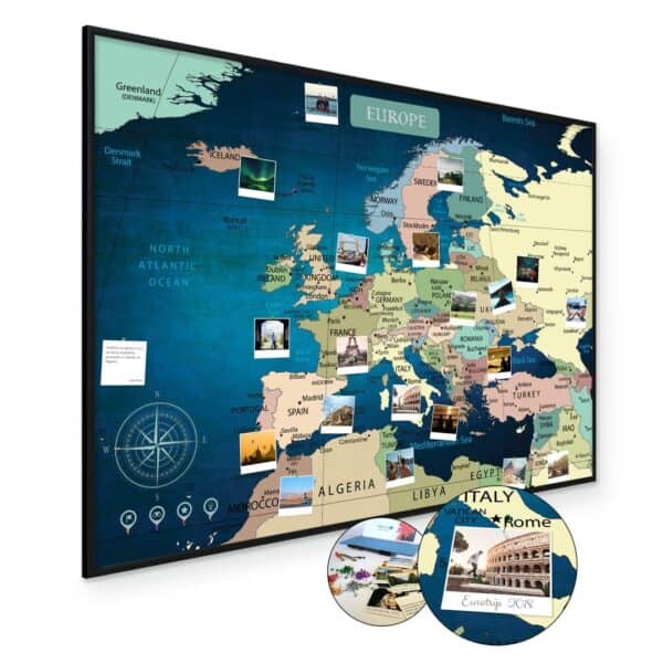 Niebieska mapa Europy na ścianę do oznaczania podróży 60x85cm - Rama aluminiowa czarna